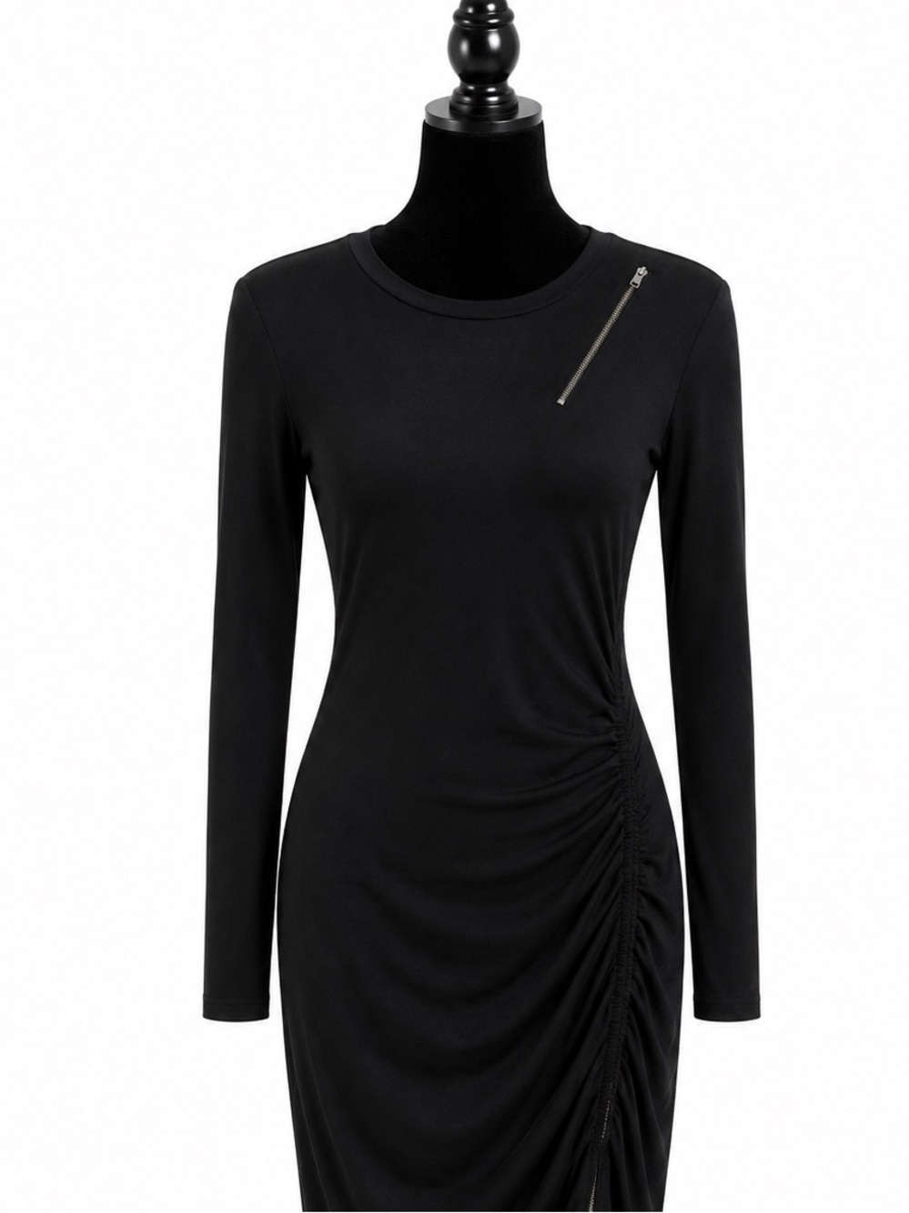 PAM & GELA Black Ruched Bodycon Dress Round Neck Long Sleeve Zipper Petite P